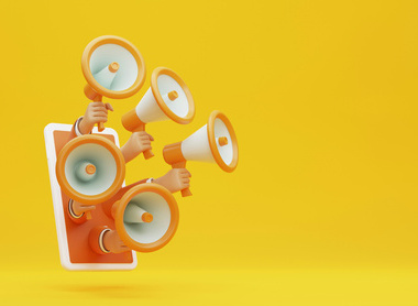 several hands holding megaphones on smartphones in yellow background