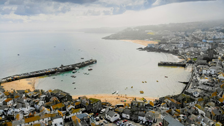 an aerial view of  St Ives and the ocean